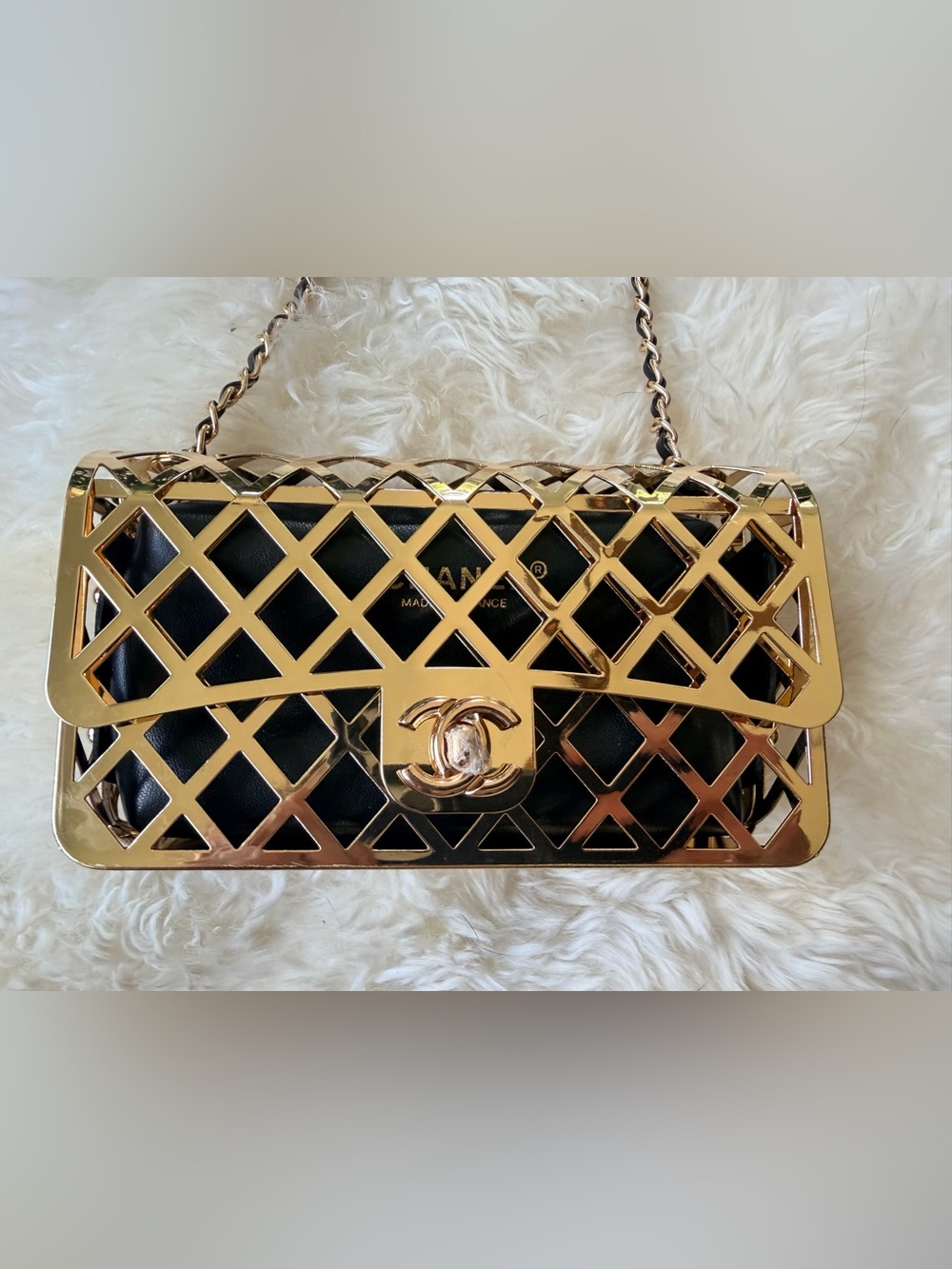 NEW Source Unknown Gold Cage Bag w Leather Branded Insert Box sealed w cellophan - Picture 3 of 16